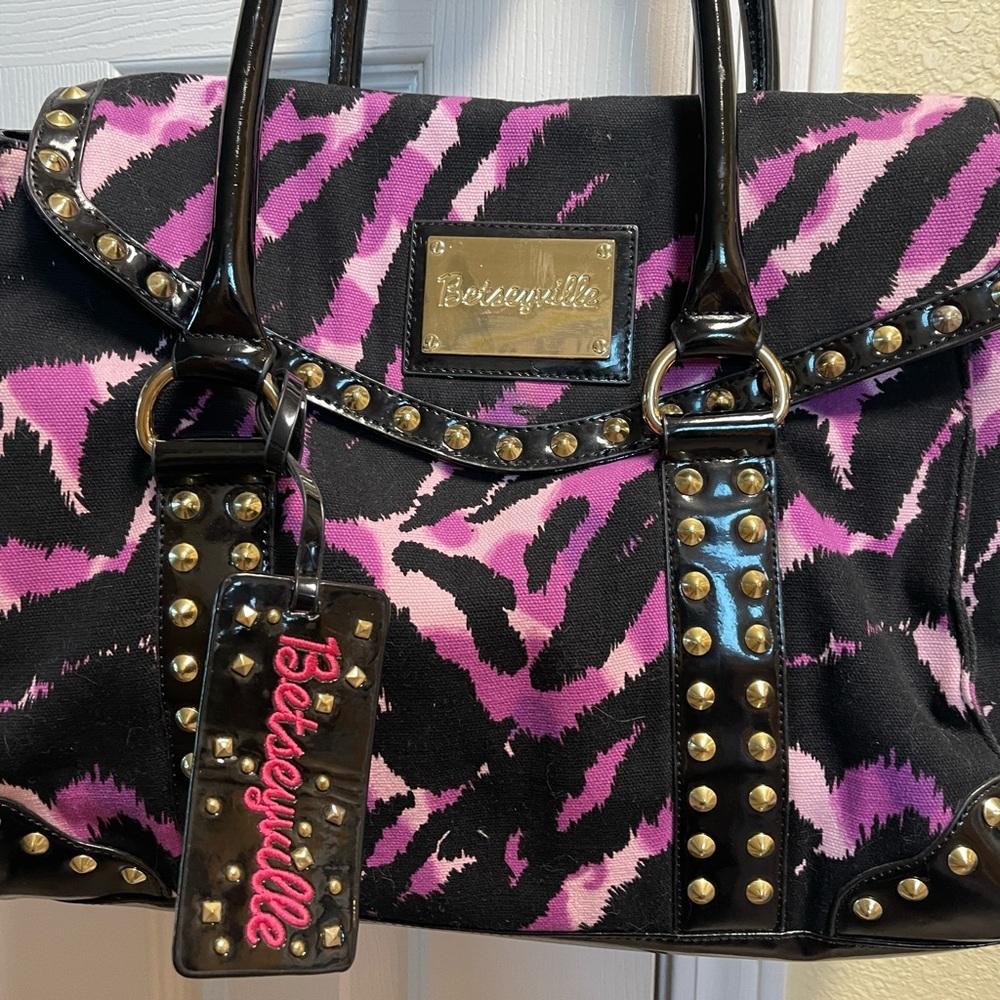 VTG Large Betsy Johnson Animal Zebra Print Tote Handbag-computer bag - Picture 3 of 6